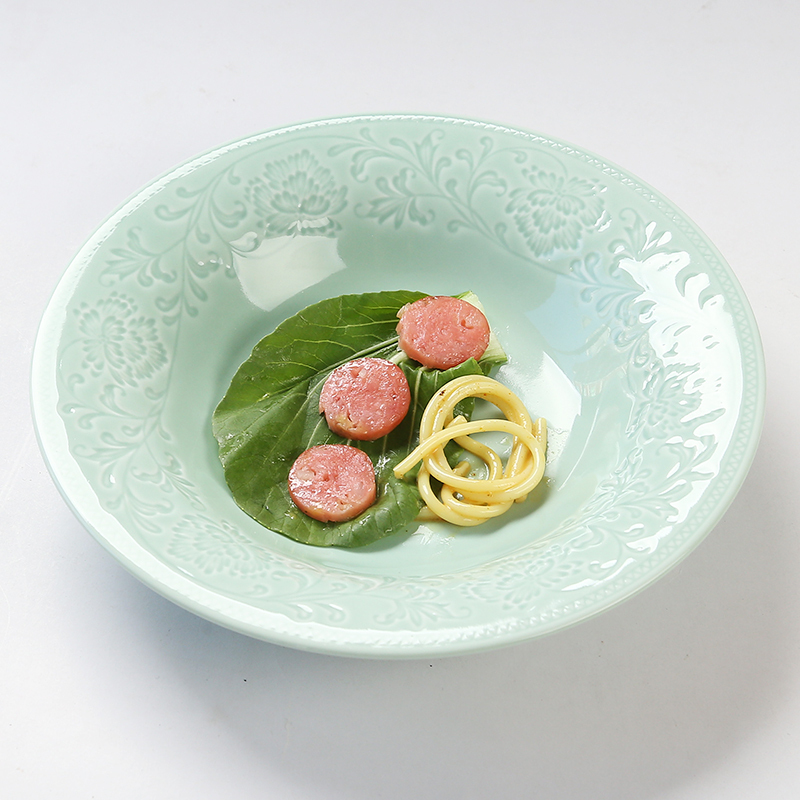 苏氏陶瓷 SUSHI CERAMICS 青瓷釉陶瓷盘花开富贵汤盘子4件套装餐具