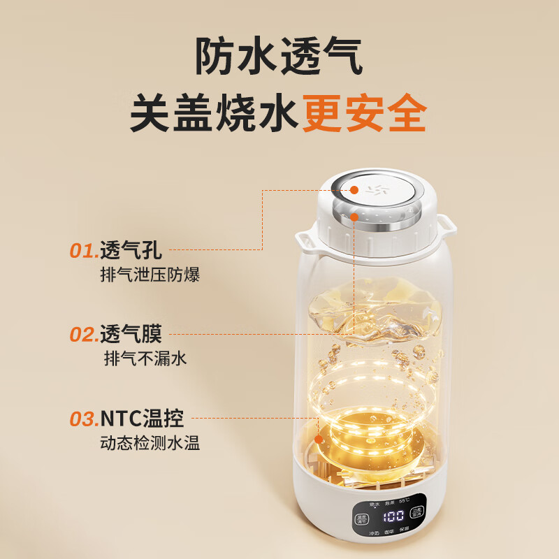 摩动车载烧水杯电热水杯车载点烟器便携式电热水壶316不锈钢烧水壶1L MD-DSB04C 灰白高清大图
