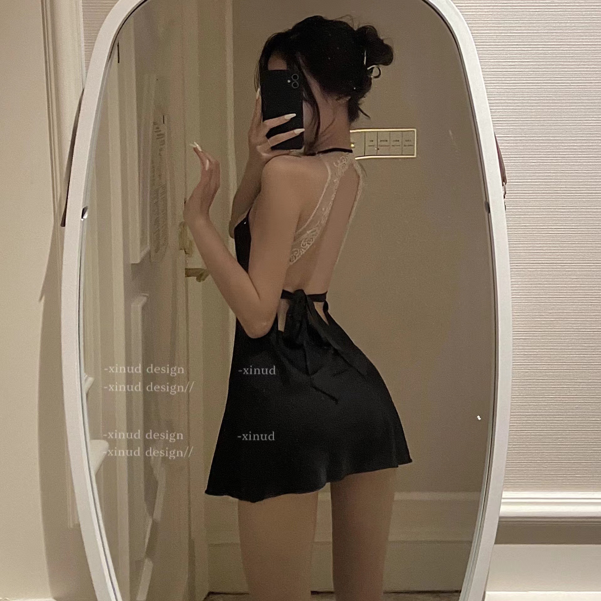 夜酥性感内衣深V挂脖睡衣女性露背诱惑火辣缎面吊带睡裙蕾丝批发 性感吊带睡裙-黑 大码XXXL【150-200】