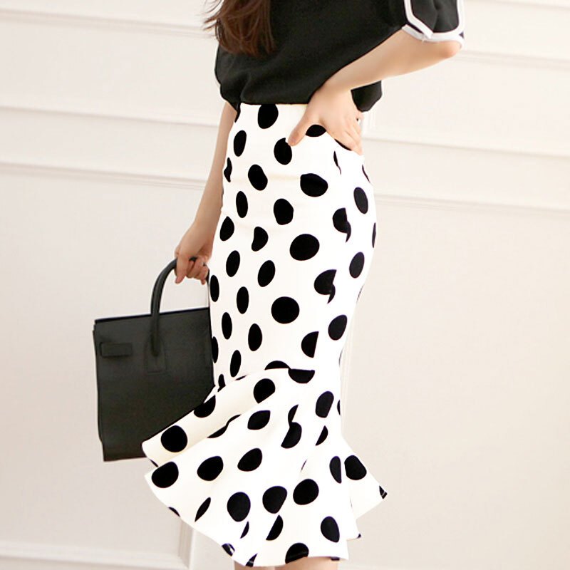韩版新款波点半身裙高腰鱼尾裙中长款雪纺不规则女夏圆点a字裙白色白