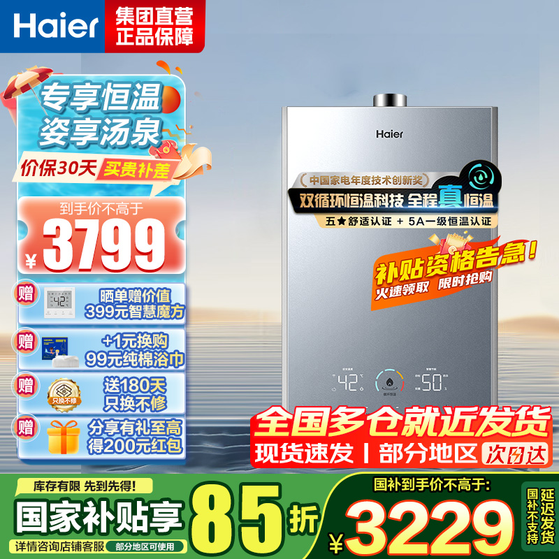 海尔(Haier)燃气热水器16升天然气家用双循环恒温无级变频水伺服五段微火TSI增压密闭稳燃舱一级降噪 KL7S-恒星
