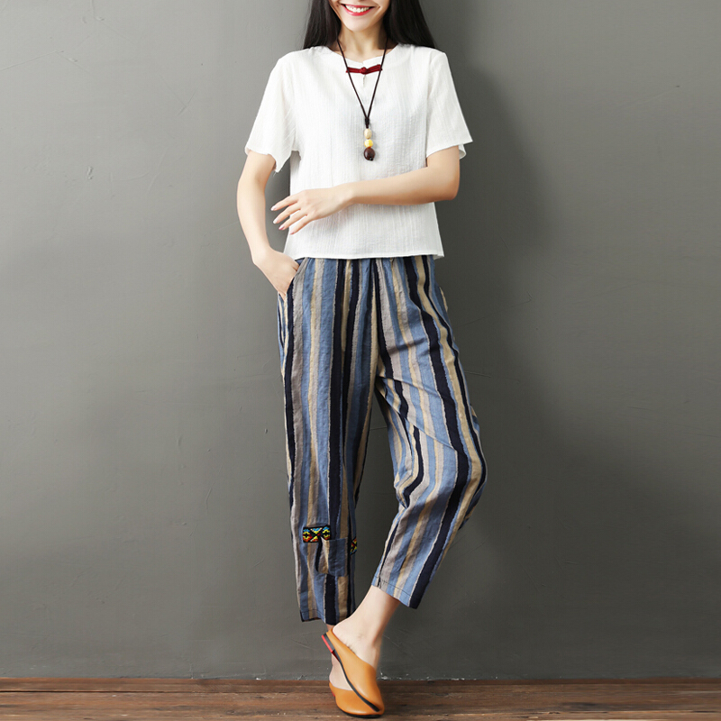 棉麻休闲套装女夏季2018新款大码宽松上衣亚麻阔腿裤文艺两件套潮