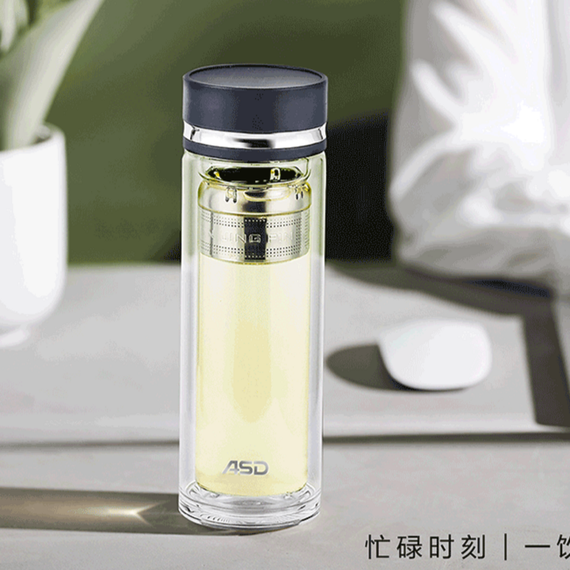 爱仕达(ASD)玻璃泡茶透明水杯家用办公圆柱分离双层高硅硼便携防烫耐热 RWB32B7Q高清大图