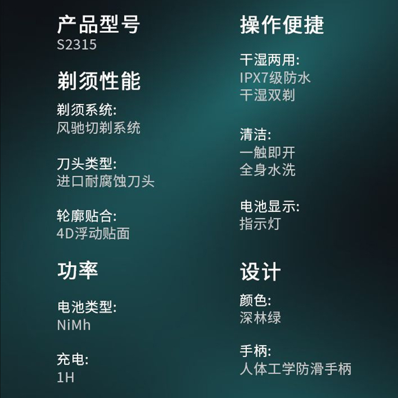 飞利浦三刀头旋转式电动剃须刀S2315礼盒全身水洗45分钟长效续航青色设计高清大图
