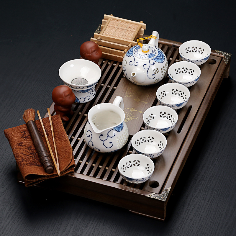 紫砂陶瓷功夫茶具套装家用茶杯简约办公木小茶盘阿斯卡利抽屉式茶台整套年年有余+汝窑如意