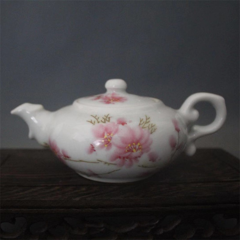 景德镇仿古陶瓷研究所1962年落款水点桃花茶壶家居装饰摆件功夫茶