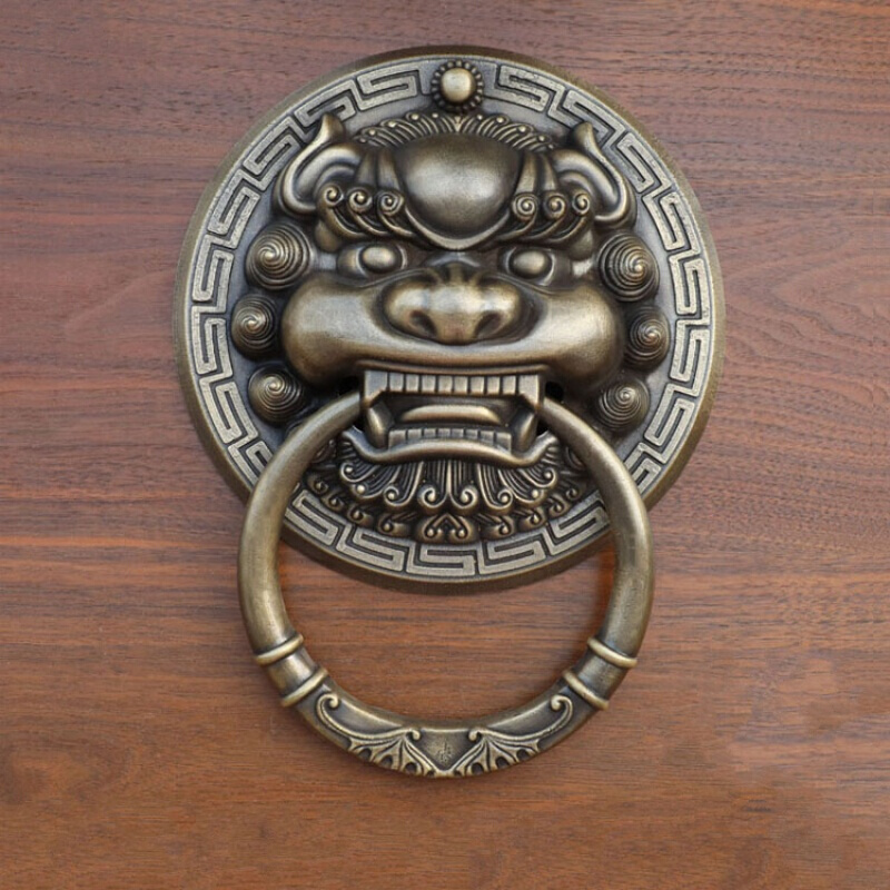 中式仿古铜大兽头环铜狮子头虎头头把手复古木拉手 14cm(黄铜色)实心圆环一只高清大图