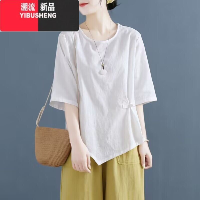 YIBUSHENG提花棉麻上衣女短袖t恤款盘扣文艺复古宽松显瘦不规则衣服
