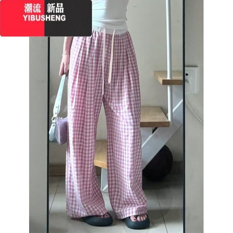 YIBUSHENG小个子蓝色格子休闲裤女季薄款2024新款宽松阔腿裤高腰直筒裤子图片