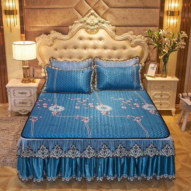 家柏饰(CORATED)夏季加厚床裙款冰丝凉席三件套可拆洗防滑夹棉床套罩式空调软席子 墨梅可拆洗凉席三件套 1.8*2.2m床