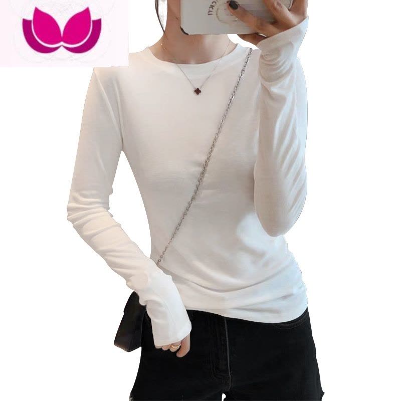 七斓早春白色长袖t恤女2023年新款漂亮纯色圆领上衣欧货修身打底衫ins图片