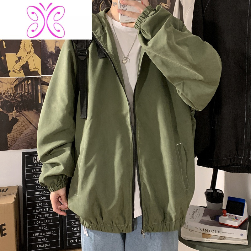 yuansu桃皮绒夹克男加大码潮流胖子薄款连帽外套原宿宽松春装炸日系