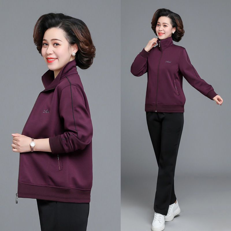 妈妈春装红色外套中老年休闲运动服套装女春秋中年大码上衣两件套