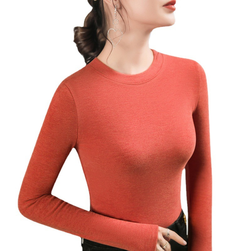 德绒打底衫女骆驼绒圆领秋冬内搭新款加绒加厚长袖t恤女保暖上衣