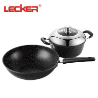 乐克尔Lecker原味麦饭石炒锅无油烟不粘锅电磁炉通用套装