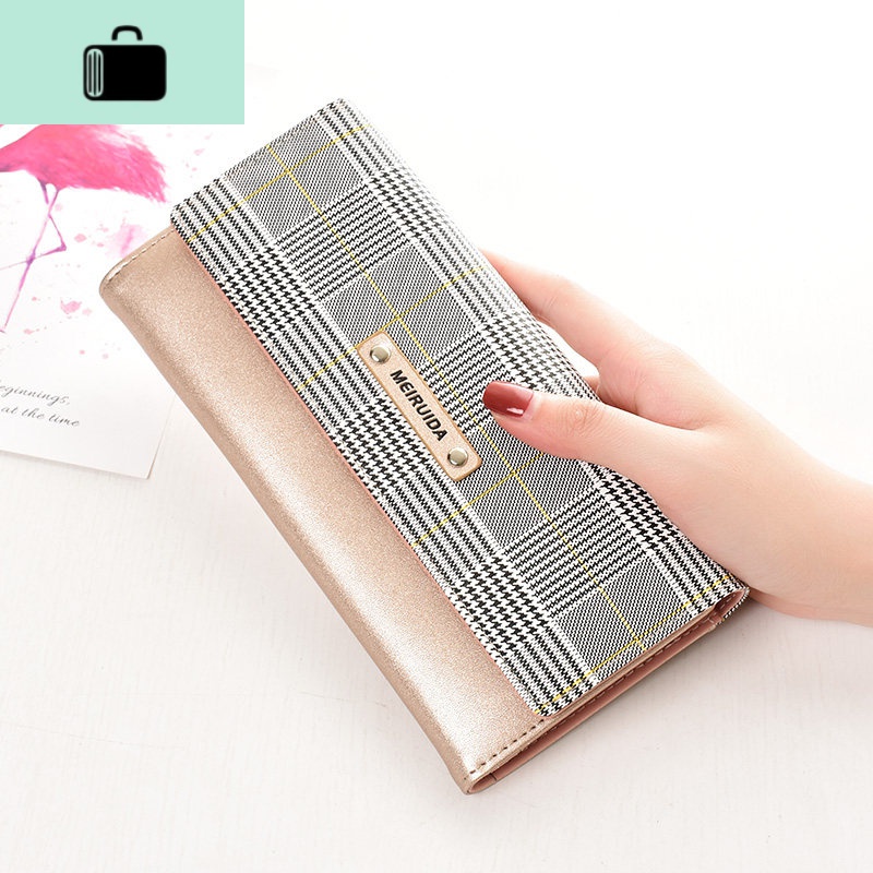 钱包女长款2020新款时尚格子简约大气手拿包折叠大容量手机包NEWLAKE 金色