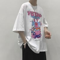 三件套 夏季卡通涂鸦短袖t桖套装男韩版潮流百搭冰丝休闲九分裤子 2件套 白色短袖+项链 S