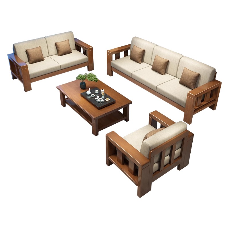 中豫鑫泽ZYXZ3113009 简约实木沙发胡桃色实木沙发茶几组合 1+2+3+长茶几