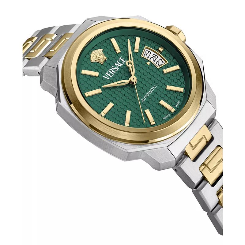 范思哲(Versace)男款瑞士自动机械腕表两 tone 不锈钢表带42mm绿盘日期窗高清大图