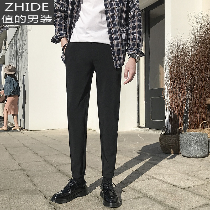 suntek夏季西裤男修身小脚九分休闲裤韩版潮流垂感西装裤男士黑色长