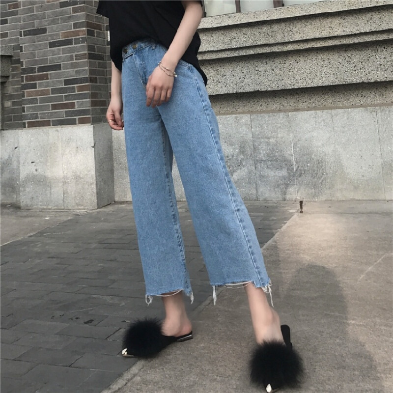 港味复古宽松高腰显瘦阔腿裤9分牛仔裤女夏装蓝色