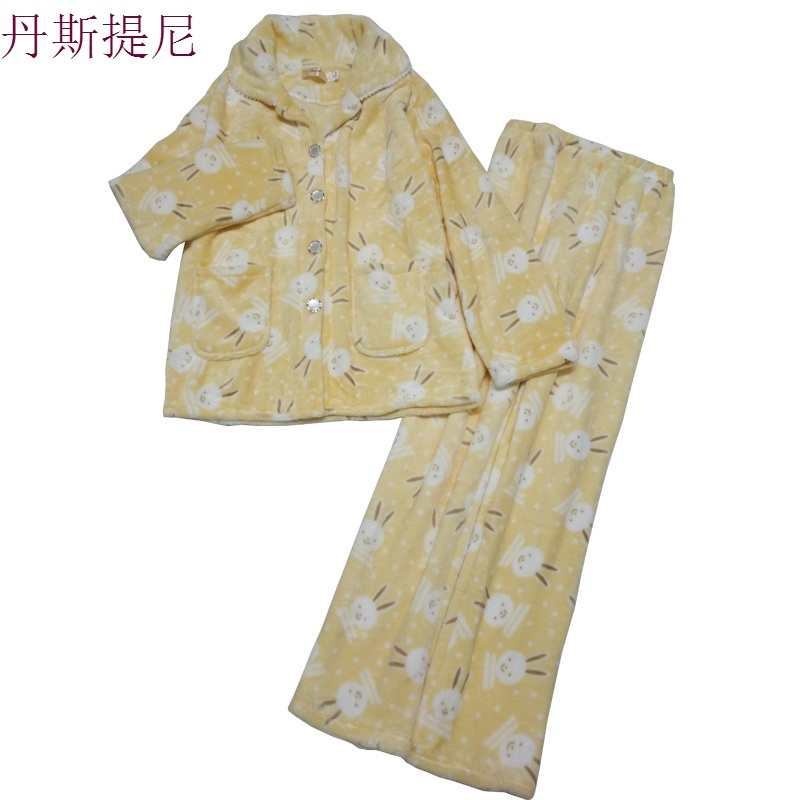 韩版可爱大码珊瑚绒睡衣女秋冬加厚长袖开衫法兰绒睡衣家居服套装