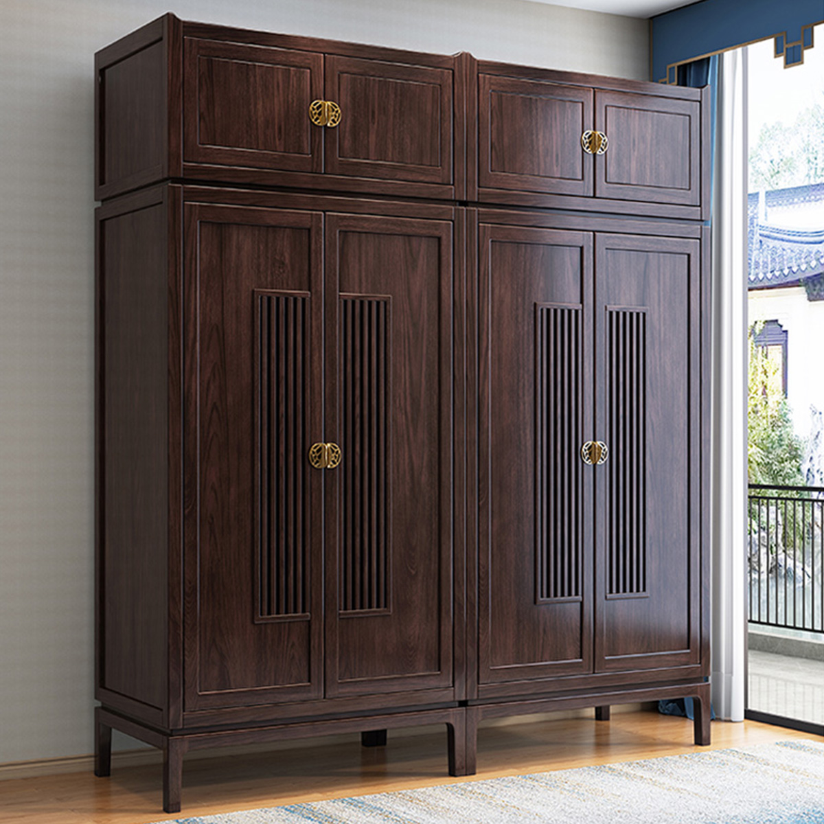 采百木caibaimu新中式实木衣柜组合两四门带顶柜红橡木卧室家具大容量