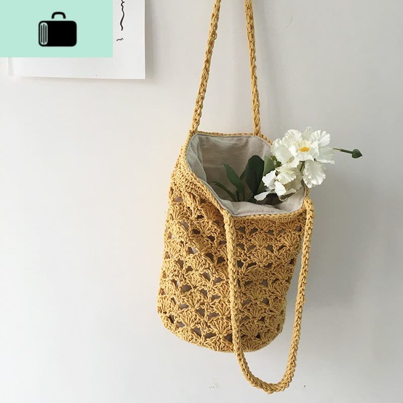 韩风chic气质镂空勾花毛线包森系编织水桶包单肩包手提包腋下包女NEW LAKE女士单肩包图片