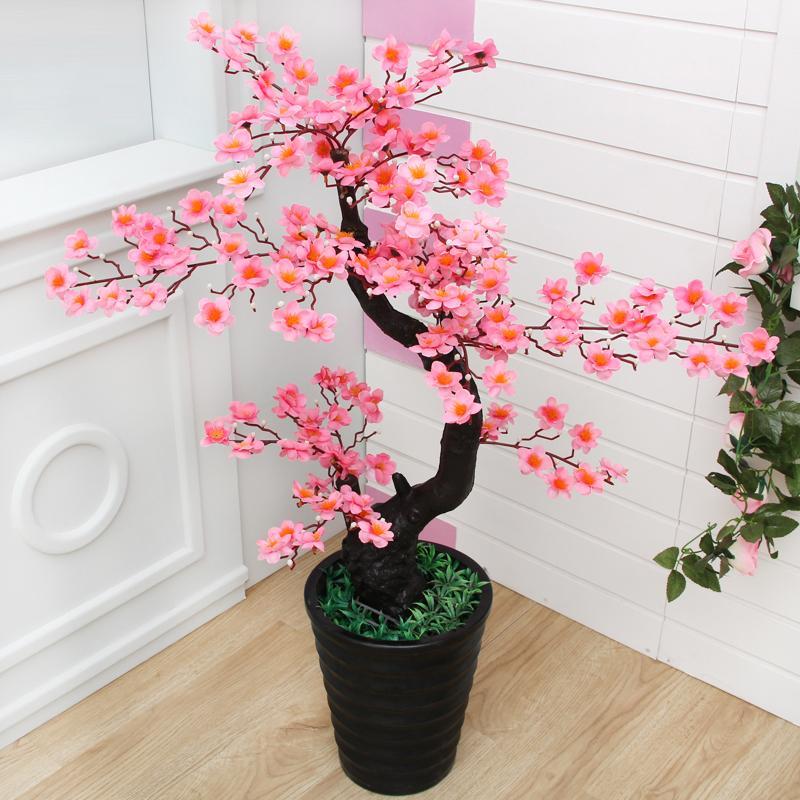 假花 假树 塑料迎客松盆景 桃花树 室内装饰落地仿真植物盆栽绿植 客厅大型财树 仿真梅花树 -梅花玫红色不带盆