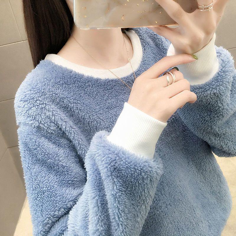 【双面绒】新款毛绒衣女套头加绒圆领打底衫宽松秋冬纯色上衣女