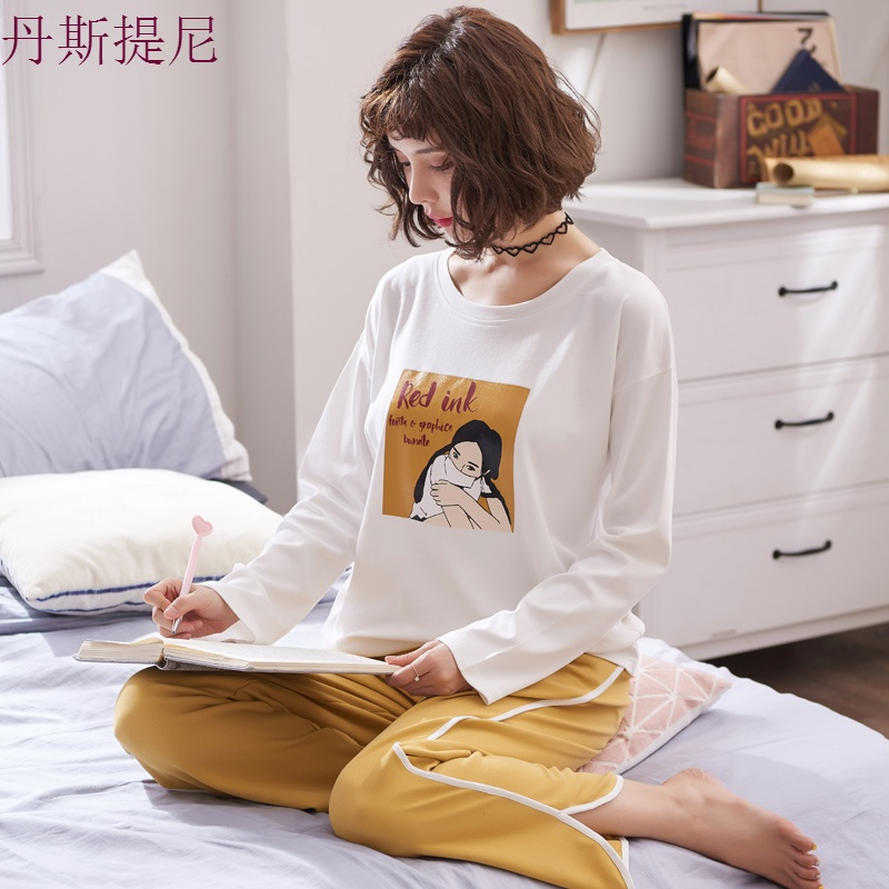 韩版宽松睡衣女春秋季纯棉长袖可外穿全棉清新家居服女夏薄款套装