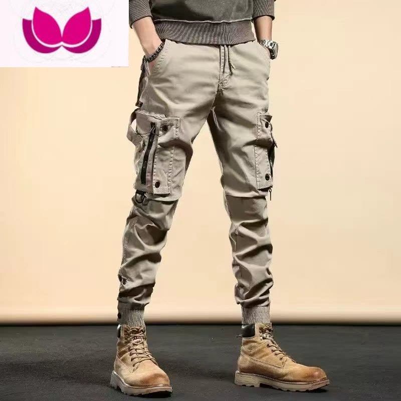 七斓美式复古卡其工装裤男潮牌修身小脚束脚裤战术裤九分休闲裤子图片