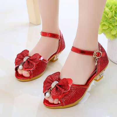 女童凉鞋2020夏季新款小女孩公主鞋儿童高跟鱼嘴中大童学生凉鞋 红色