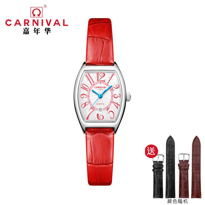 瑞士嘉年华CARNIVAL简约新款石英表 女士正品手表酒桶型女表方形进口日历款防水数字刻度气质腕表8323L 红皮红字大数字