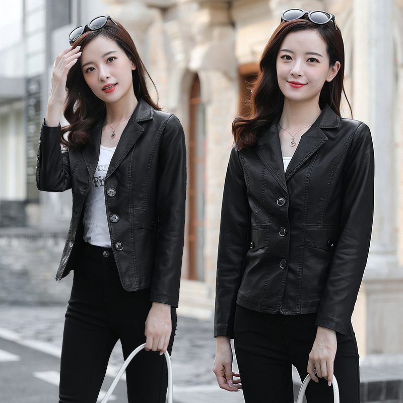 【免费试穿，退换无忧】海宁真皮皮衣女中长款外套女2018秋冬新款欧美收腰显瘦大码皮风衣品牌 L 910黑色