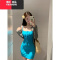 YIBUSHENG蓝色系带吊带连衣裙女季短裙小个子性感辣妹裙子紧身收腰包臀裙