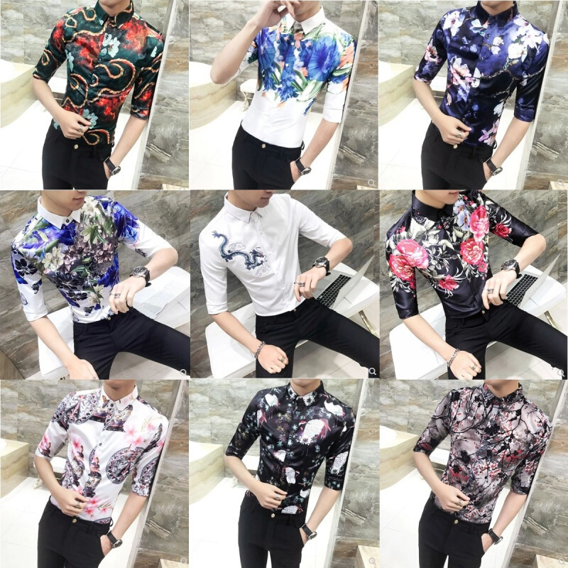 夏季新款型师印花七分袖衬衣青年修身花短袖衬衫男帅气中袖