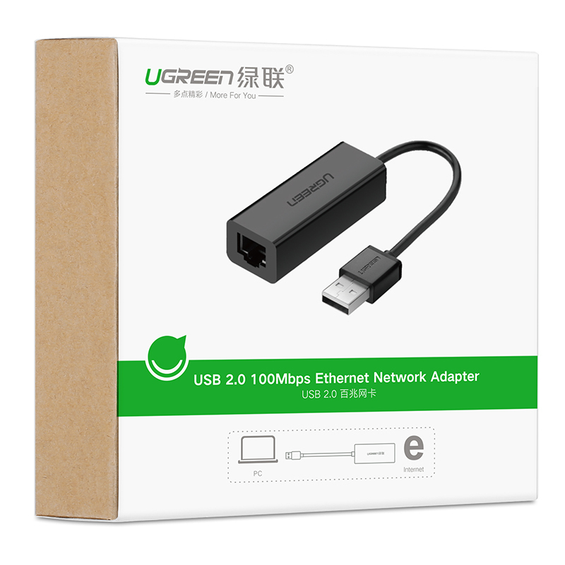 绿联 USB转RJ45网线接口 USB转百兆有线网卡通用苹果Mac小米盒子笔记本以太网口转换器30305黑