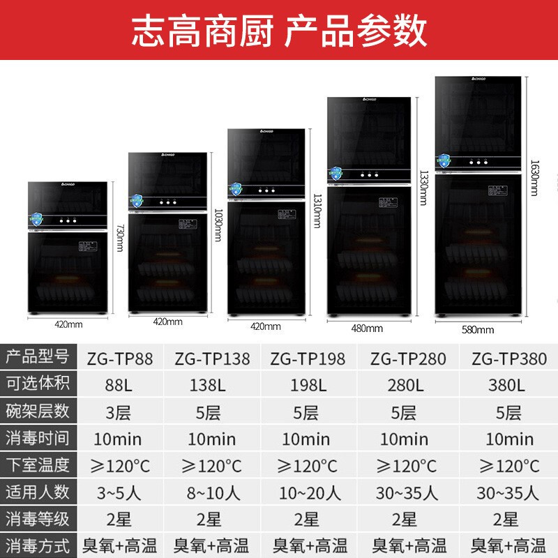 志高(CHIGO)二星级消毒柜家用柜式餐具厨房碗筷立式高温臭氧小型消毒碗柜商用台式大型双开门消毒柜 蒲公英 5-8人