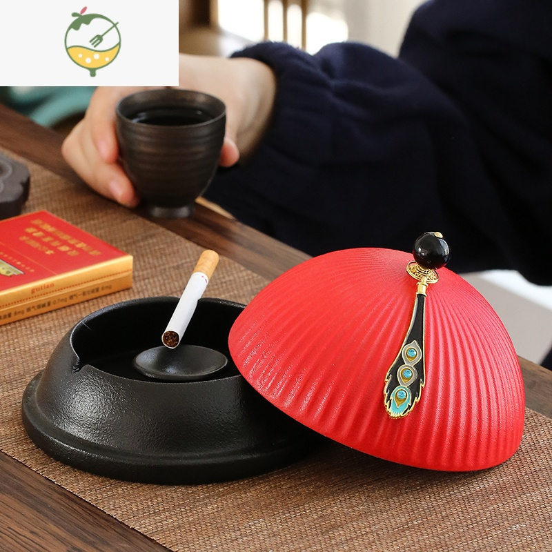 YICHENG官帽烟灰缸创意个性潮流家用客厅带盖防飞灰中式带盖时尚礼品 宫廷帽(红款)