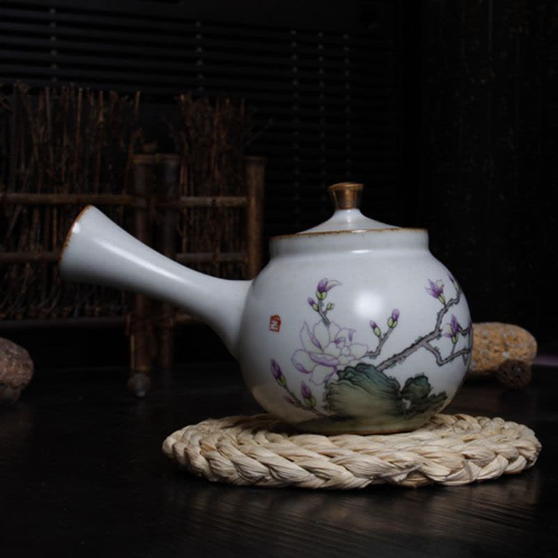 铭道尚品描金官窑侧把壶陶瓷大号码茶壶汝窑单壶汝瓷手工创意壶【SD24