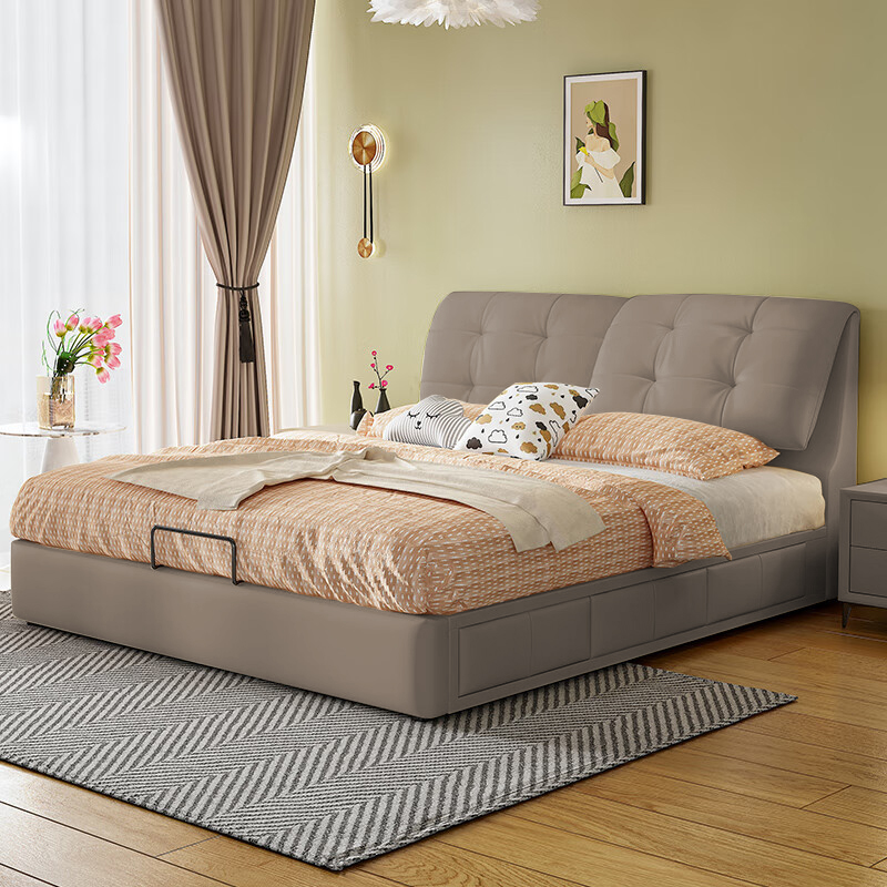 奶油风真皮床轻奢现代简约双人床ins风婚床意式主卧真皮储物大床高清大图