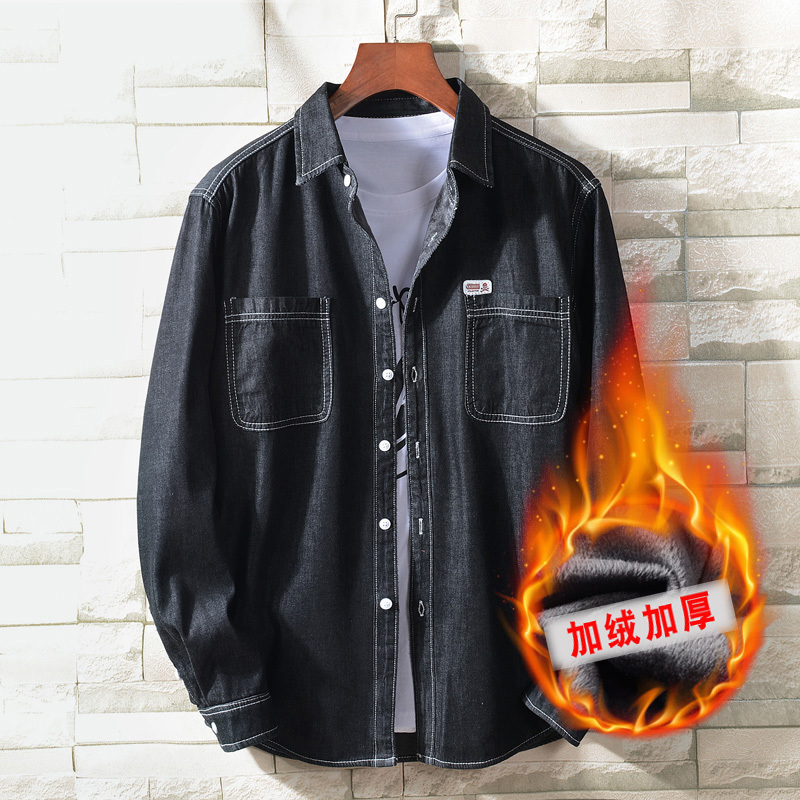 吉普战车JIPUZHANCHE冬季新款男士加绒牛仔服男衬衫男夹克修身韩版帅气百搭男士牛仔衣中青年潮流大码男装保暖厚款外套