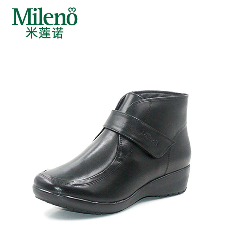 Mileno/米莲诺简约牛皮坡跟女短靴舒适妈妈保暖休闲鞋M164580