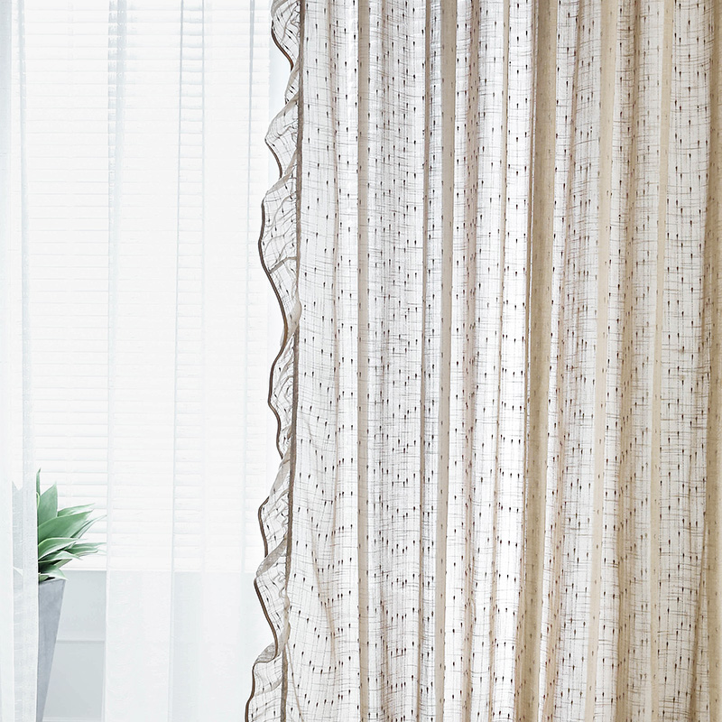 北欧轻奢风窗帘简约小清新少女心公主风韩式文艺隔断帘卧室半遮光 蝴蝶边咖色纱窗帘 定制联系客服