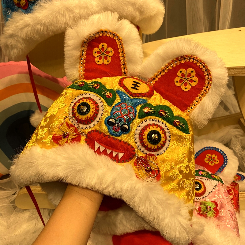 婴儿红色刺绣夹棉老虎帽宝宝中国风手工虎头帽百周岁新年唐装帽子