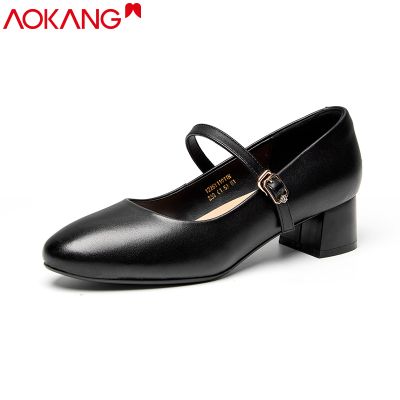奥康女鞋春季百搭浅口工作皮鞋一字扣玛丽珍鞋舒适粗跟单鞋 黑色 40码