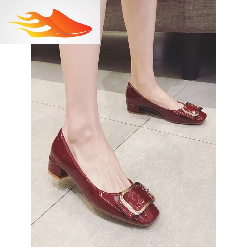 fishbasket2019早春季新款浅口单鞋女方头小矮跟百搭韩版粗跟方扣红淑