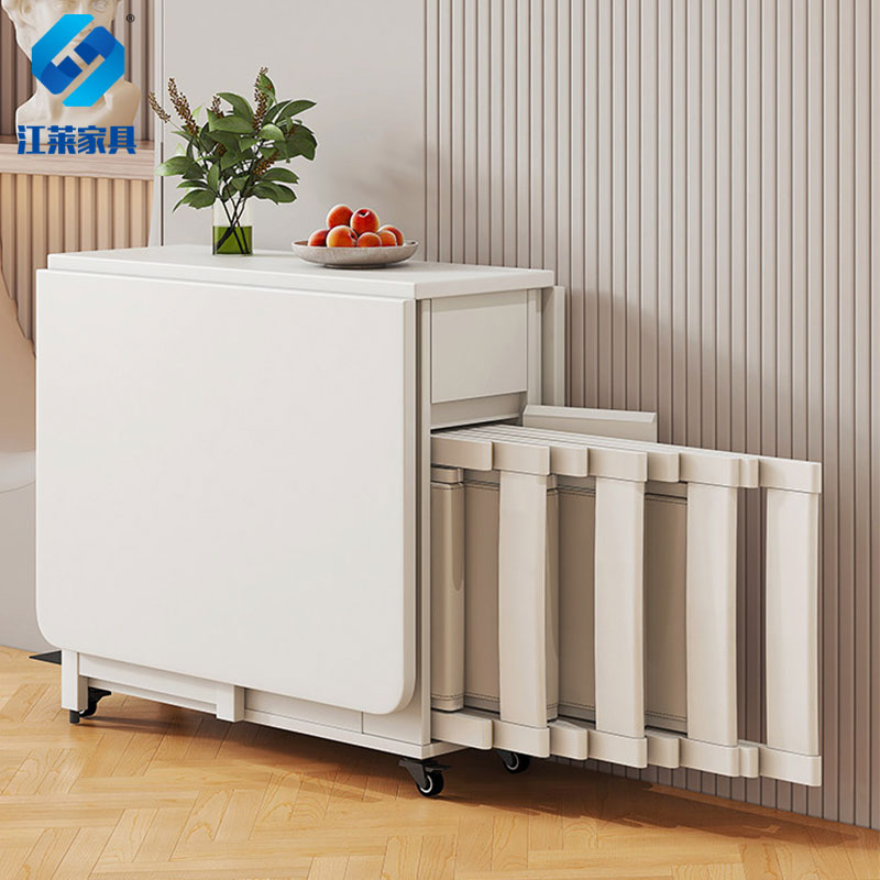 江莱小户型折叠餐桌家用餐边柜一体可移动实木长方形伸缩桌子高清大图