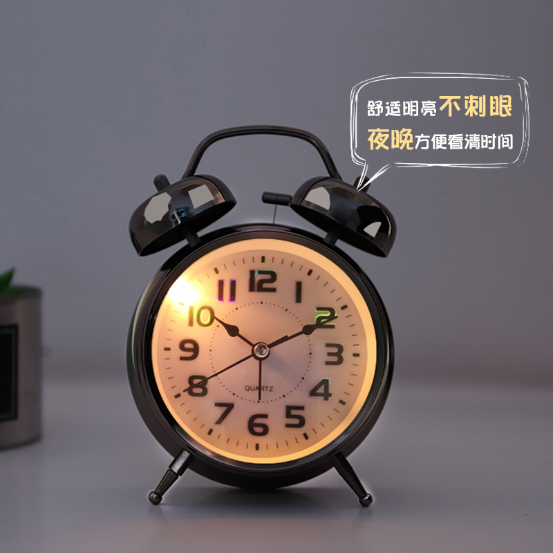 小闹钟学生静音床头夜光创意个性懒人儿童闹铃声音超大金属打铃钟 曜黑镭射款[夜灯+贪睡+365天质保] 17.5厘米